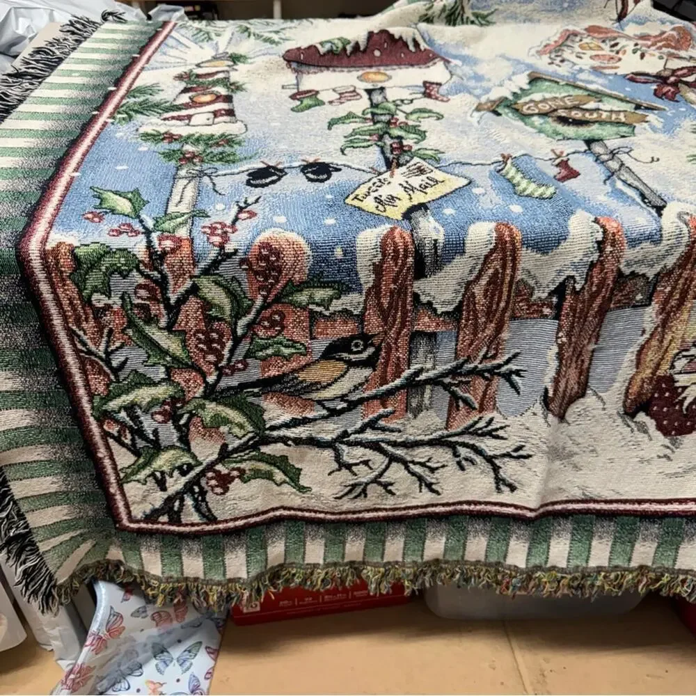 Winter Cardinal Christmas Tapestry Blanket Throw Room Decor Blue Green Fringe